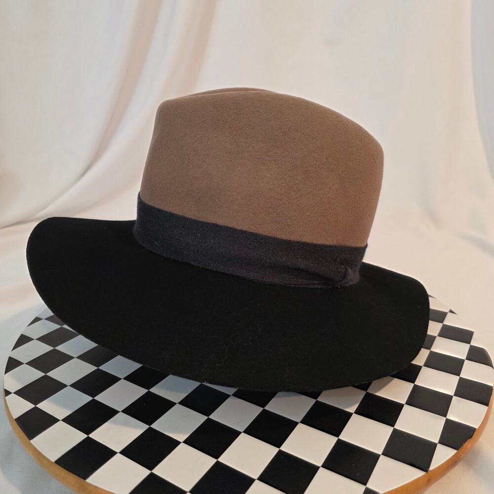 Rag & Bone New York Two-Tone Wool Fedora Hat Tan Black Wide Brim Size S - Picture 2 of 7